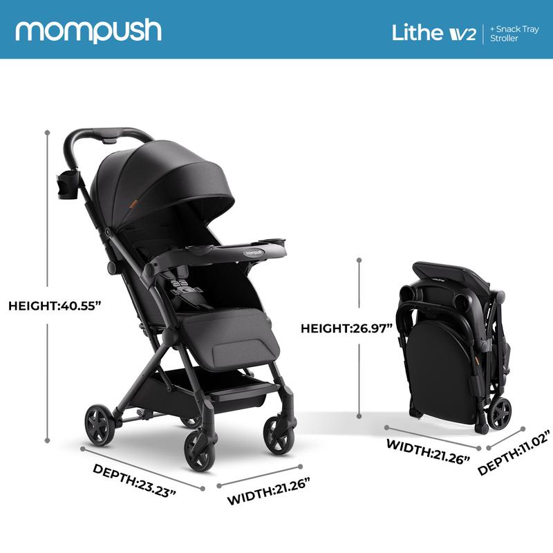 Cochecito de viaje ligero Mompush Lithe V2, cochecito compacto plegable para bebé con bolsa de viaje, plegado con una sola mano, bandeja para meriendas, asiento reclinable mecánico, apto para aviones, capota con protección UPF 50+ y funda para la lluvia.