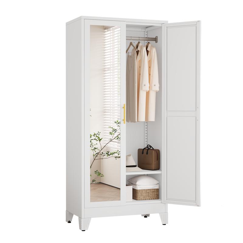 Armario metálico para ropa con espejo, armario de 180 cm con 2 puertas con espejo, estantes ajustables y barra para colgar ropa para dormitorio.