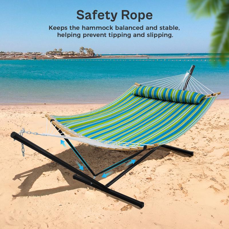 Hamaca doble portátil SUPERJARE de tela ajustable a rayas con soporte, hamaca acolchada de algodón y poliéster de alta resistencia de hasta 204 kg (450 lbs), almohada desmontable, barra curva resistente, bolsa de transporte portátil, ideal para decoración