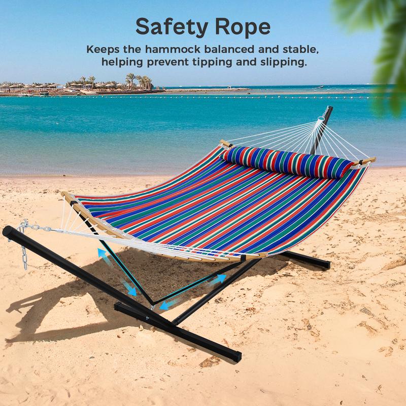 Hamaca doble portátil SUPERJARE de tela ajustable a rayas con soporte, hamaca acolchada de algodón y poliéster de alta resistencia de hasta 204 kg (450 lbs), almohada desmontable, barra curva resistente, bolsa de transporte portátil, ideal para decoración
