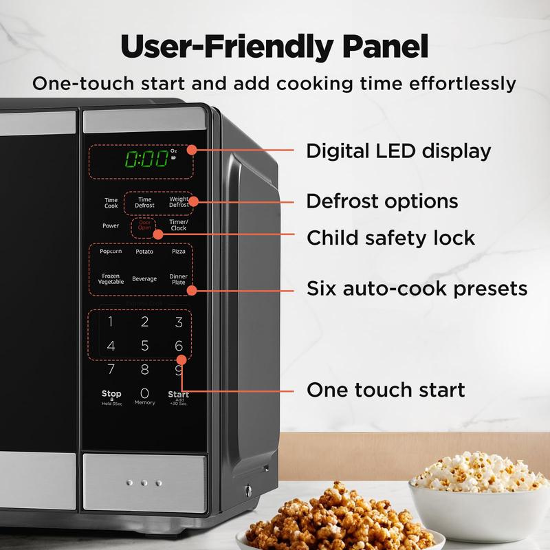 Horno microondas de encimera BLACK+DECKER 0.9, regalo, 0.9 pies cúbicos, 6 menús automáticos, bloqueo infantil, función de memoria, 10 niveles de potencia, inicio fácil con un solo toque, panel digital, arranque rápido,