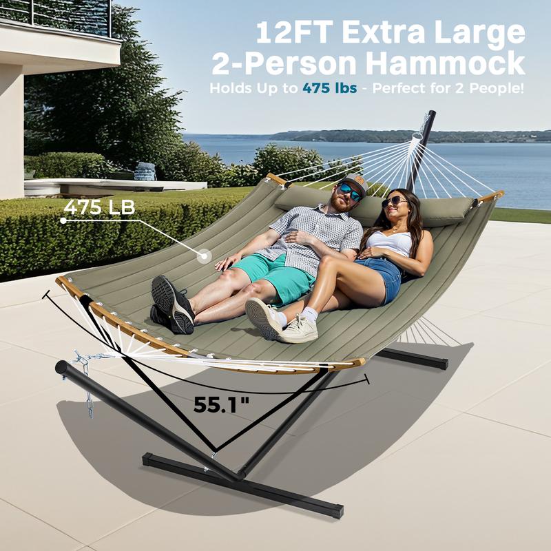 Hamaca doble portátil SUPERJARE de tela ajustable a rayas con soporte, hamaca acolchada de algodón y poliéster de alta resistencia de hasta 204 kg (450 lbs), almohada desmontable, barra curva resistente, bolsa de transporte portátil, ideal para decoración