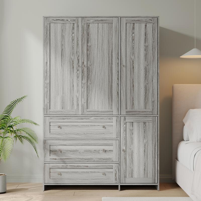 【Entrega en 2 paquetes】VOWNER Armario de madera, mueble de almacenamiento con 3 puertas y barra para colgar ropa, ideal para dormitorio. Armario alto independiente de gran capacidad con estantes.