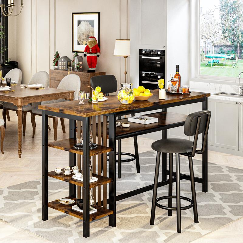 Juego de 3 mesas y sillas de bar AWQM, mesa moderna de imitación mármol blanco con 2 taburetes de bar con cojines de PU, mostrador de cocina con estantes de almacenamiento de 3 niveles, mesa que ahorra espacio para el hogar y la cocina, marco negro, juego