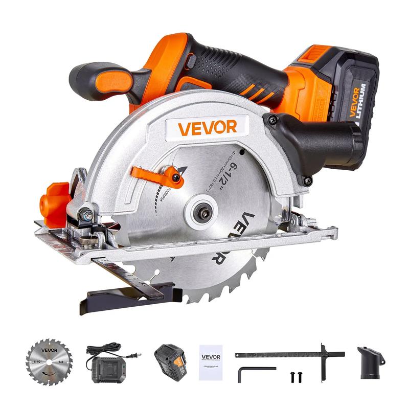 Kit de herramientas de sierra circular inalámbrica VEVOR de 20 V, hoja de 6-1/2 pulg., 4700 RPM, bisel de 0-45° (1,57 pulg. a 45°), máquina de corte sin escobillas, base de acero, mango doble, luz LED, batería y cargador, para cortar madera y otras tareas