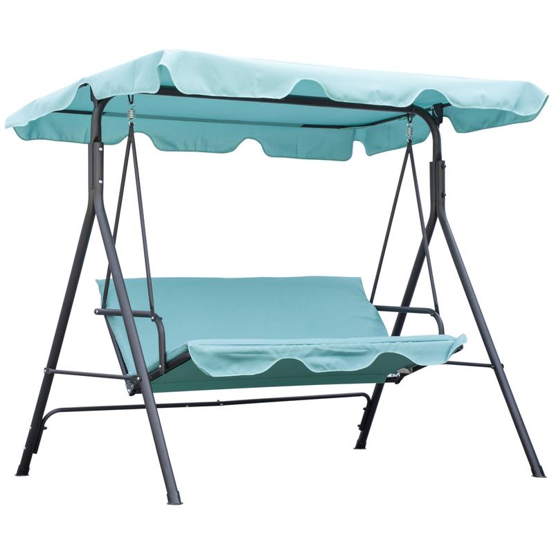 Silla colgante de exterior de 3 plazas para patio con cojín extraíble, estructura de acero y toldo inclinable ajustable para patio, jardín, piscina, balcón o terraza.