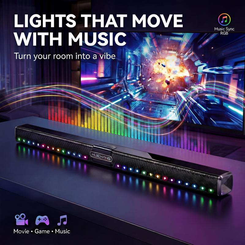 Barra de sonido RGB HUICHANG de 10 altavoces: diseño delgado de 88 cm (34,6") con Bluetooth 5.3 inalámbrico, potencia máxima de 300 W, graves profundos 9D, estéreo TWS, acabado en negro piano, entradas AUX/USB/coaxial, perfecta para cine en casa, TV, jueg