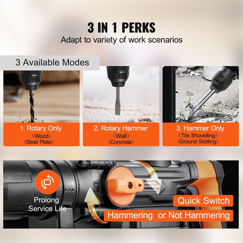 Taladro percutor rotativo VEVOR con cable, 1-9/16" (3 modos), martillos cinceladores SDS-MAX, herramienta de perforación, juego de taladro eléctrico, regalos para el día del padre