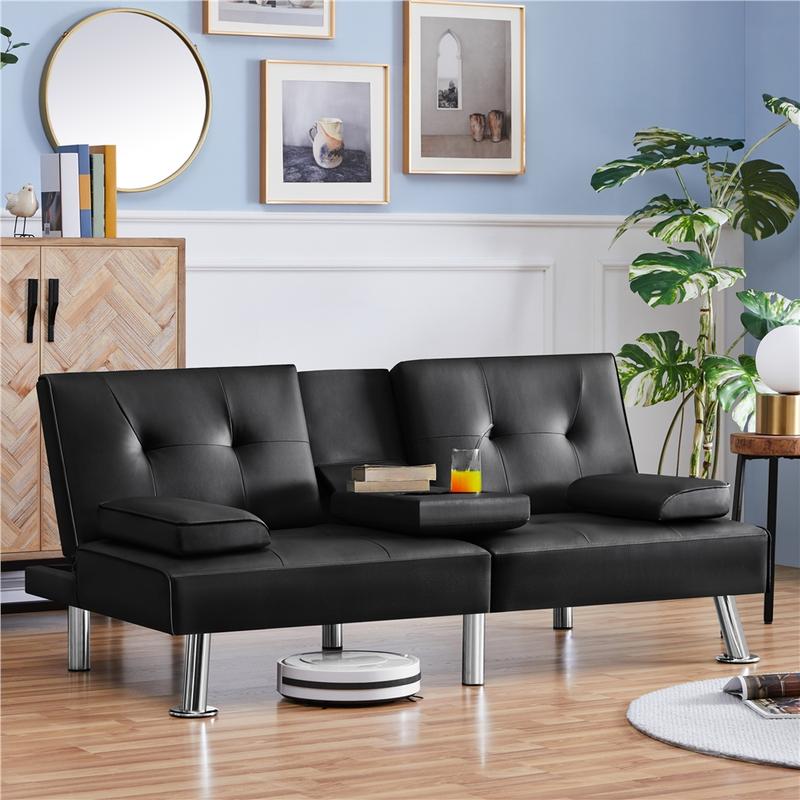 【Mayor área para dormir】Sofás y cama futón convertibles modernos de piel sintética Yaheetech con 2 cojines decorativos y portavasos abatibles, sofá futón ajustable 3 en 1
