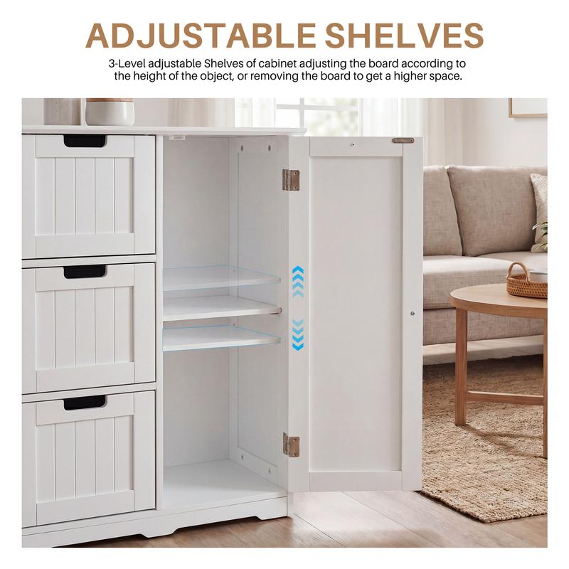Mueble de baño moderno de madera blanca para suelo - Armarios de madera, doble cajón, organizador de almacenamiento multicompartimento con 3 cajones, 2 estantes, armarios con doble cajón