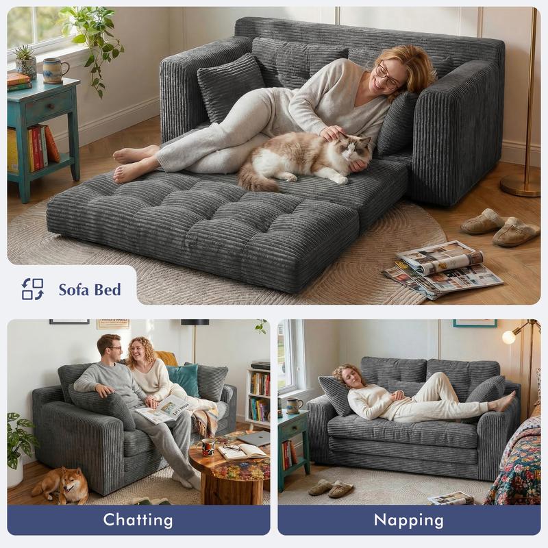 Sofá cama plegable convertible Raybee de 2-3 plazas, sofá cama extraíble sin estructura con almohadas, sofá de suelo plegable tapizado en pana con capitoné, cómodo salón con espuma de alta resiliencia y alta densidad para espacios pequeños, sala de estar