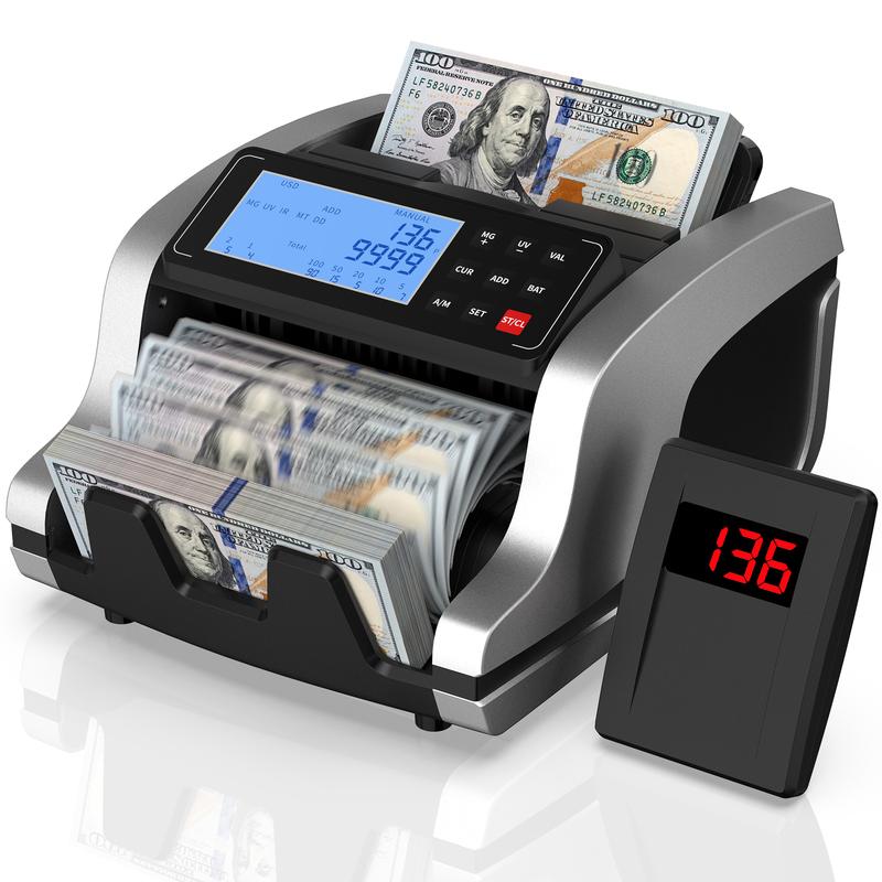 Contadora de billetes PONNOR | Detección de billetes falsos UV/MG/IR/MT/DD | Pantalla LCD, caja de monedas, modos CONTAR/SUMA/LOTE/AUTO | Funcionamiento silencioso, 1200 billetes/min
