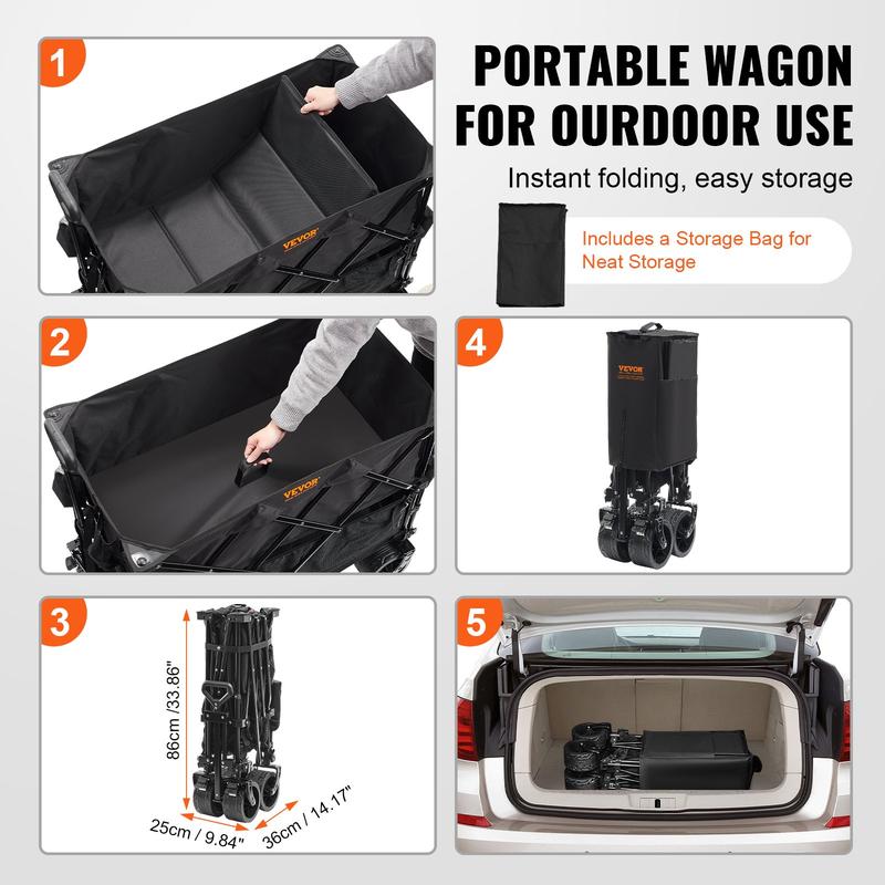 Carro plegable de dos pisos VEVOR con ruedas todoterreno. Carro plegable resistente para camping, compras y jardín. Extensor extralargo de 52 pulgadas.