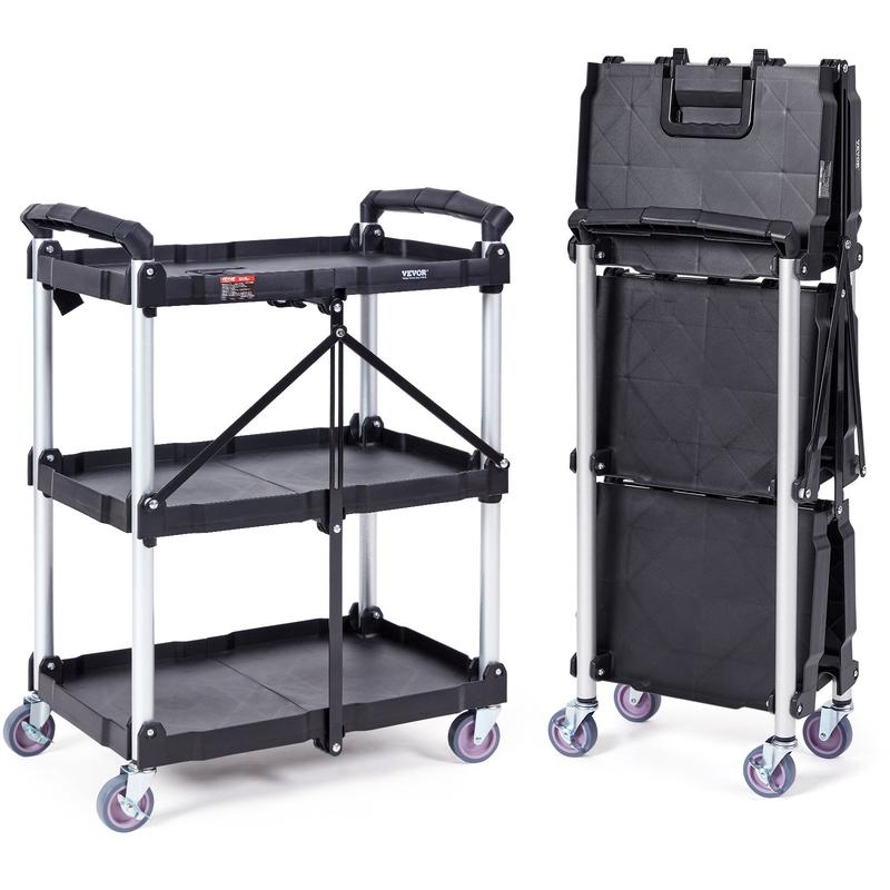 Carro de servicio móvil VEVOR de PVC resistente con 3 estantes - Capacidad de 75 kg, ruedas giratorias con bloqueo, asa ergonómica, soporte plegable con ruedas, estantes organizadores estables, ideal para artículos del hogar, hoteles y almacenes.