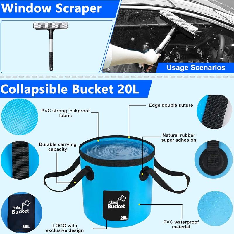Kit de lavado de autos THINKWORK, kit de detallado de autos con pistola de espuma, cepillo, mopa y cubo plegable grande, adecuado para la limpieza de autos, set de lavado de autos azul, regalo para hombres y mujeres.