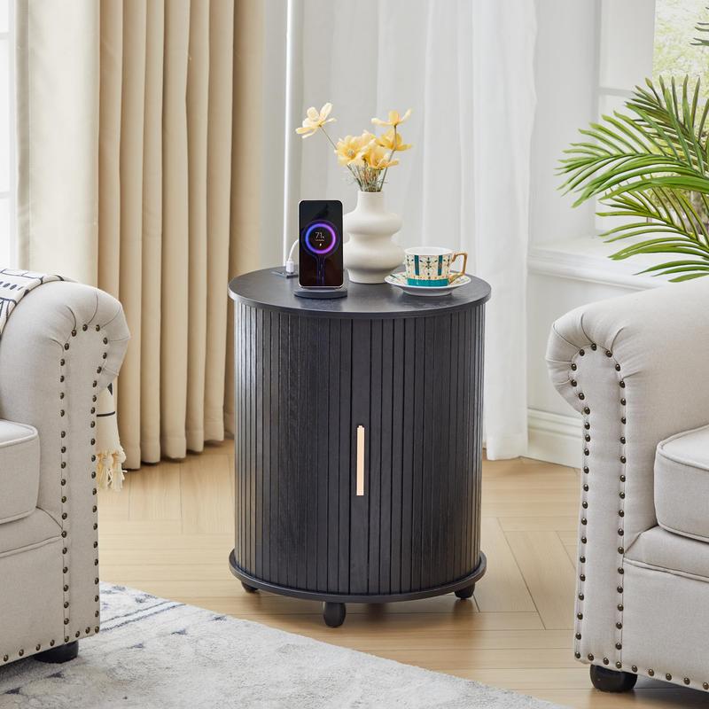 Mesita auxiliar redonda estriada Giratree con estación de carga, mesa auxiliar pequeña de estilo rústico con puerta corredera y almacenamiento, mesitas de noche estriadas de madera de mediados de siglo para sala de estar y dormitorio.