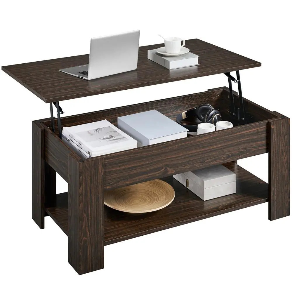 Mesa de centro elevable Yaheetech con compartimento oculto y 2 estantes abiertos. Diseño multiusos. Elevador a gas. Ideal para espacios pequeños. Perfecta para sala de estar, oficina o el hogar.