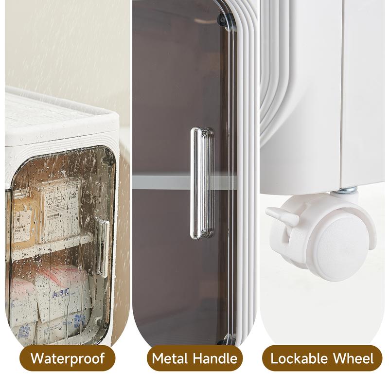 Armario de almacenamiento UFORU de cuatro niveles, alto y estrecho, fabricado en plástico, con un diseño delgado, puertas y estantes ajustables, ruedas, apilable y plegable, adecuado para espacios pequeños, baños y cocinas.