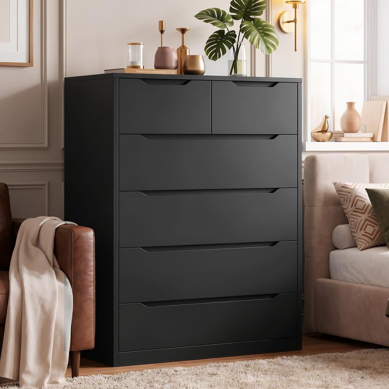 Cómoda Raybee de 6 cajones para dormitorio, cómoda moderna, cómoda negra con amplio organizador, cajón profundo y riel metálico liso.