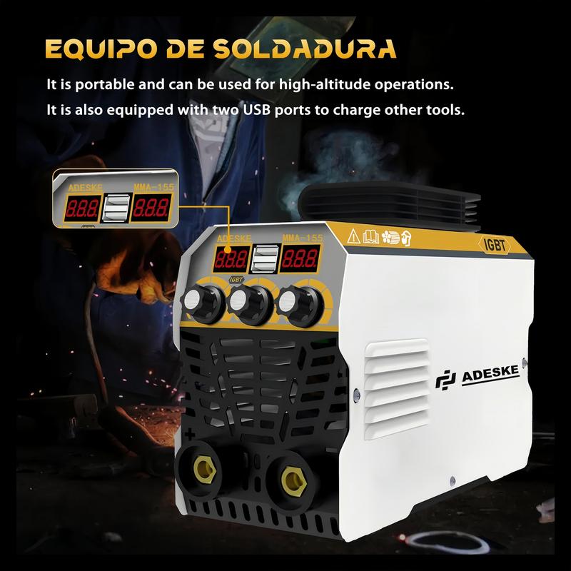 Máquina de soldar portátil ADESKE MMA-155 – Doble voltaje 110V/220V, salida de 120A, pantalla digital, protección contra sobrecarga, kit de soldadura completo para el hogar, reparación de automóviles y construcción.
