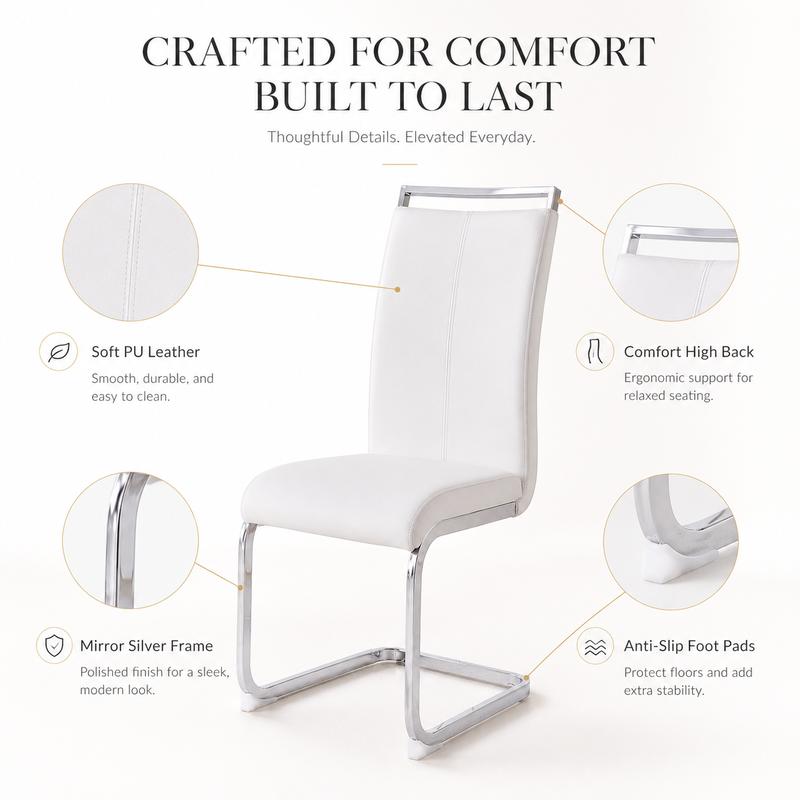 Sillas de comedor modernas, silla lateral tapizada de respaldo alto en piel sintética PU con patas de metal cromado en forma de C para comedor, cocina, tocador, patio, club, silla de oficina para invitados (juego de 4) (blanco + piel sintética PU) Sillón