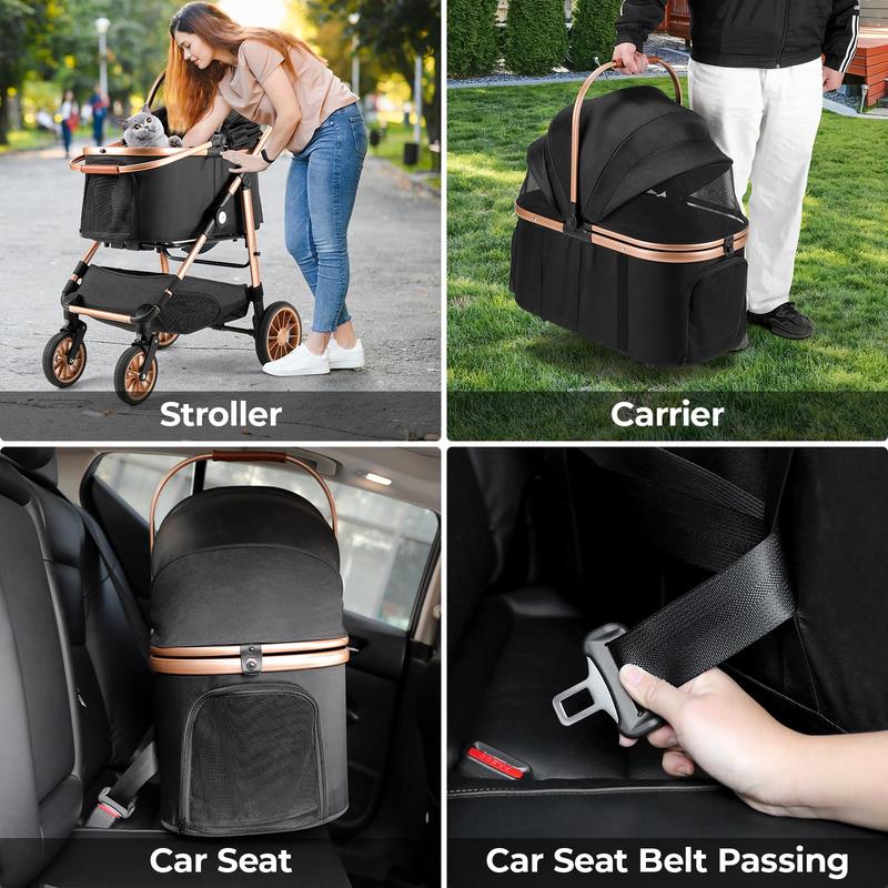 Cochecito para mascotas TLGREEN para perros y gatos medianos de hasta 25 kg, cochecito todoterreno 3 en 1 con transportín desmontable, ruedas de goma, plegado con un solo clic, cesta de almacenamiento y portavasos, cochecito de viaje para exteriores para