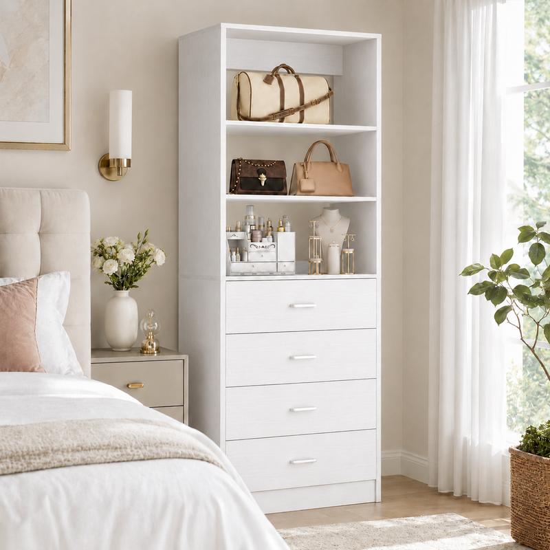 Sistema de armario independiente de 21.3" de ancho con 4 cajones para espacios pequeños, organizador de vestidor, cómoda alta y estante de exhibición, mueble de tocador de madera, artículos esenciales para dormitorios, decoración del hogar