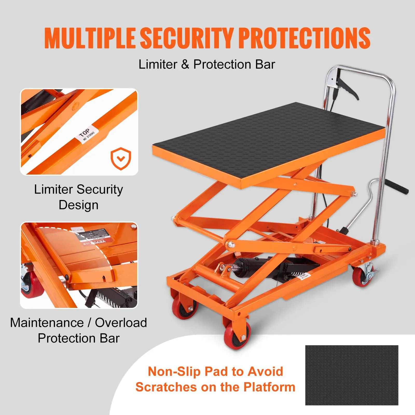 Carro de mesa elevadora hidráulica — Capacidad de 330 lb, altura de elevación de 50", mesa elevadora manual de doble tijera con 4 ruedas y almohadilla antideslizante.