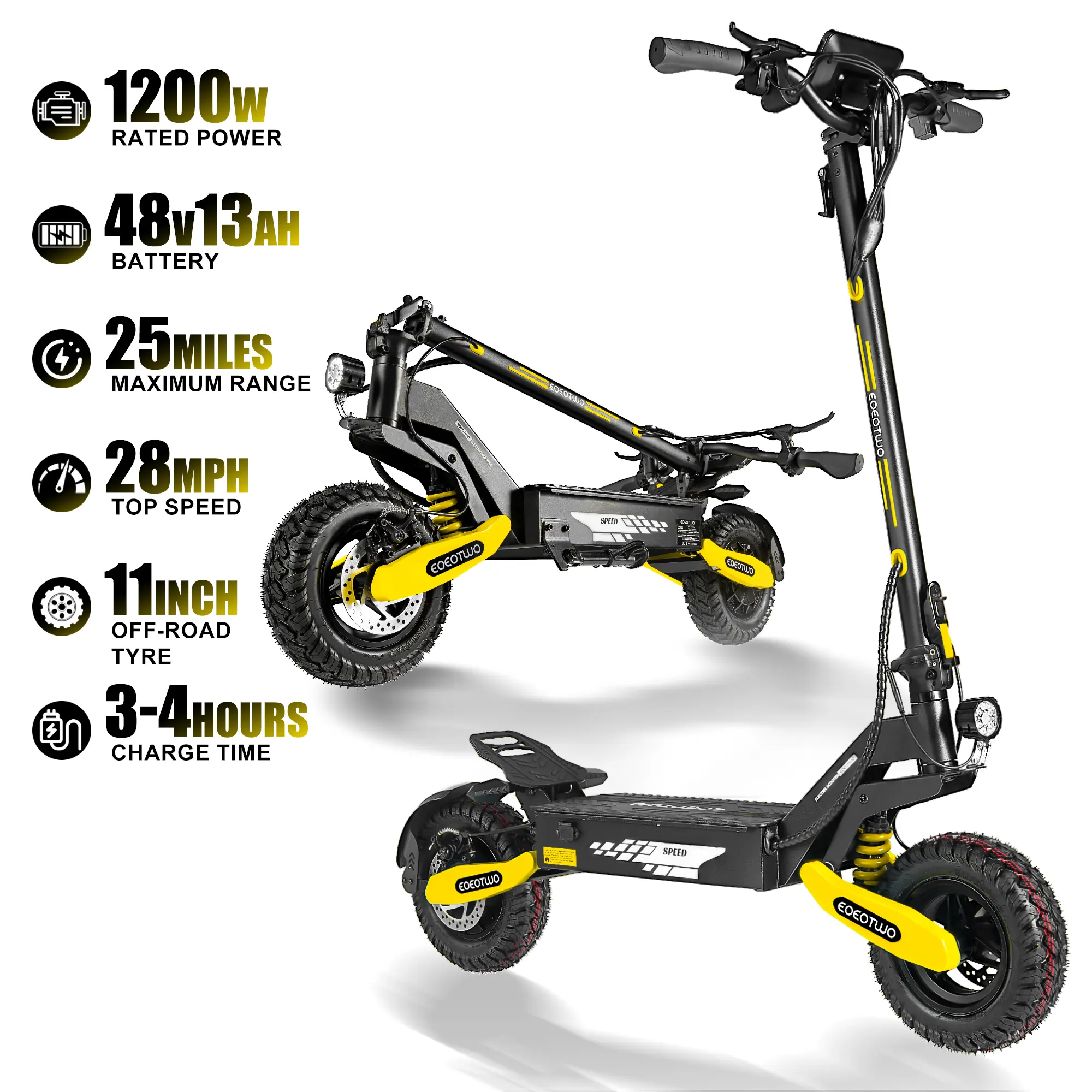 Patinete eléctrico para adultos de alta potencia (1200 W), con batería de 48 V y 13/23,4 Ah, autonomía de 20 a 40 millas, neumáticos todoterreno de 11 pulgadas, diseño plegable y sistema de amortiguación delantero y trasero; adecuado para el desplazamient