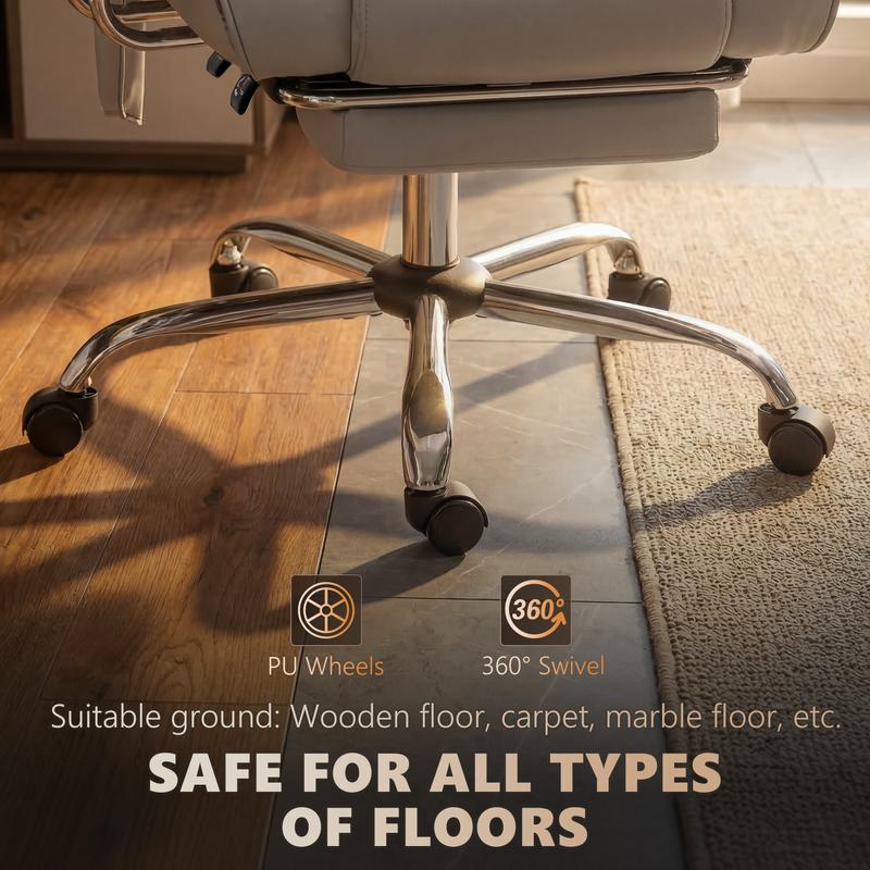 Sillón de oficina con masaje y vibración de 6 puntos, sillón reclinable acolchado con respaldo alto, tapizado en cuero sintético, reposapiés, cojín de muelles grueso, soporte lumbar, altura ajustable y ruedas giratorias.