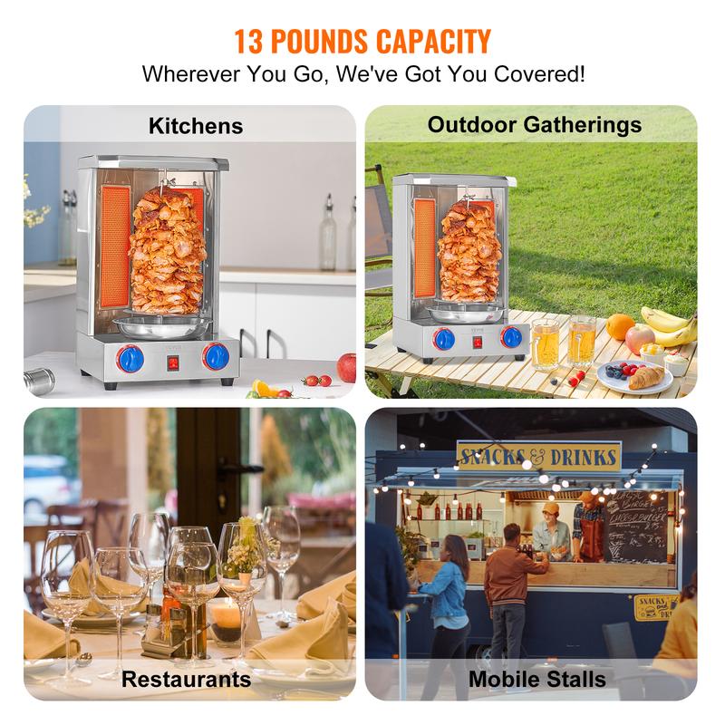 【Summervibes】Máquina para asar shawarma, capacidad de 13 libras, máquina para cocinar shawarma de pollo con 2 quemadores, asador vertical de gas, horno giratorio para gyros, máquina para doner kebab, para fiestas en la cocina del hogar o restaurante