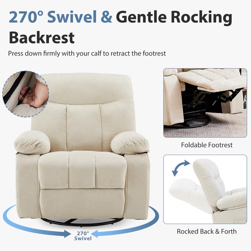 Sillón reclinable mecedor, sillón giratorio con masaje vibratorio y calefacción lumbar, sillón reclinable de tela chenilla giratorio de 270° con reposapiés para sala de estar y dormitorio.