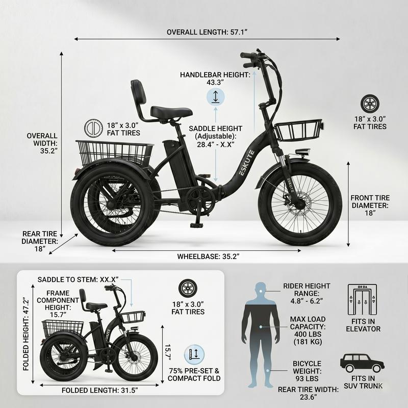 Triciclo eléctrico plegable ESKUTE T300 de fácil acceso para personas mayores, 1200 W de potencia máxima, batería de 624 Wh, neumáticos anchos de 18x3.0, autonomía máxima de 55 millas, diferencial trasero, acelerador con asistencia al pedaleo ajustable, r