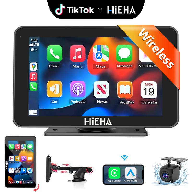 【HiEHA | ¡Aprovecha el stock y regálalo en el Día de la Madre!】Estéreo inalámbrico Carplay mejorado 2026 con soporte de ventosa, cámara trasera, Mirrorlink sin interrupciones, compatible con modos horizontal y vertical.