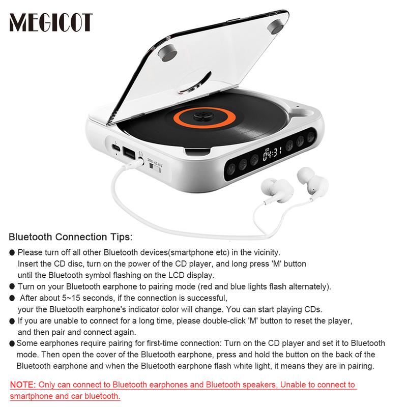 Reproductor de CD inalámbrico recargable Bluetooth 5.3 MEGICOT - Reproductor de audio multiformato con batería de 2000 mAh, controles de botón, función de retención de altavoz, pantalla LED, puerto USB, compatibilidad con auriculares, bloqueo de teclas, r