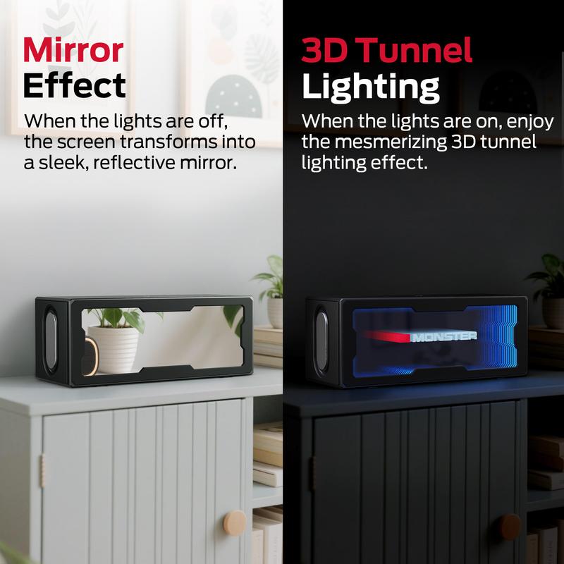 Altavoz Bluetooth portátil compacto Monster S280 con sonido estéreo de 40 W, Bluetooth 6.0, espectáculo de luces LED 3D, estación de carga inalámbrica, llamadas manos libres, compatibilidad con USB/AUX/tarjeta TF, almohadilla ajustable para dispositivos, 