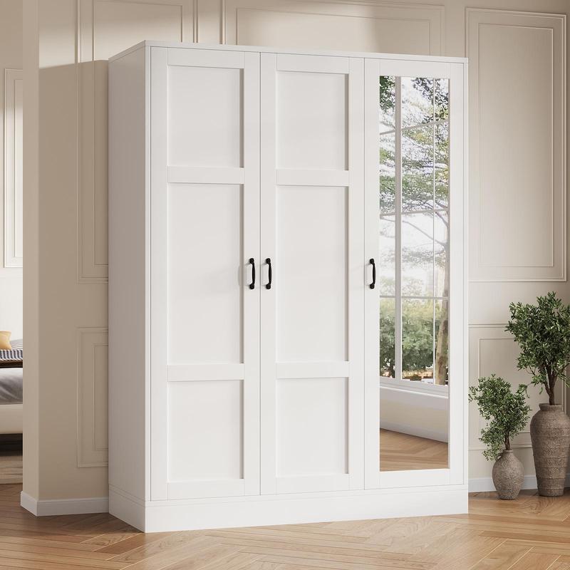 Armario moderno de madera blanca de 3 puertas FUSOU - Mueble de almacenamiento independiente con espejo de cuerpo entero, estantes ajustables, barra para colgar ropa, organizador de ropa, se envía en 2 paquetes para la organización del armario del dormito