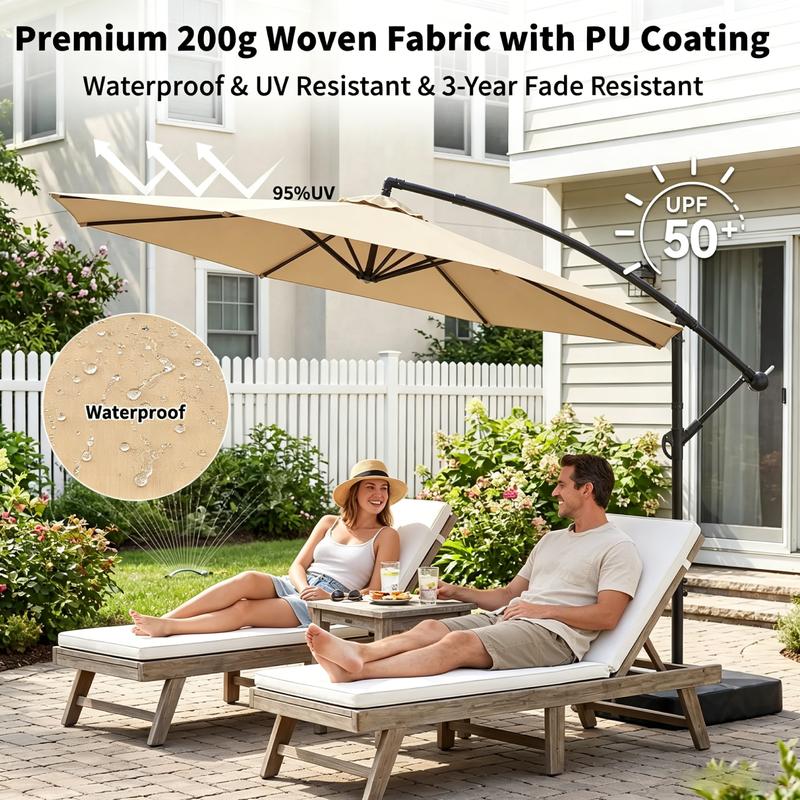 Sombrilla de patio voladiza Docred de alta resistencia con base incluida, sombrilla de exterior de 3 metros con rotación de 360° e inclinación infinita, conjuntos de muebles de patio, toldo teñido en hilo resistente a la decoloración, estructura de acero