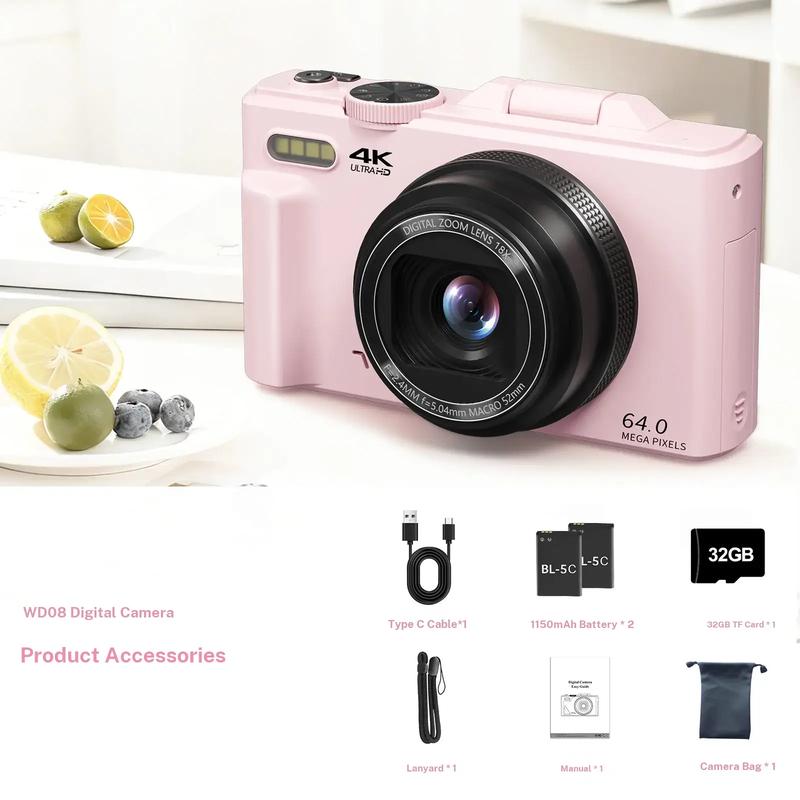 Cámara digital 4K para fotografía con 64 MP, pantalla abatible de 3 pulgadas y 180°, zoom digital de 18x, tarjeta Micro SD de 32 GB, 2 baterías, ideal para regalar.
