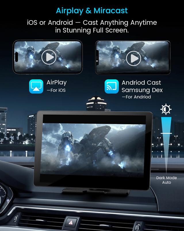 Pantalla inalámbrica extragrande de 11" con Apple CarPlay para coche – Estéreo para coche con pantalla táctil ultradelgada de 0,16 pulgadas con Android Auto, cámara de salpicadero 4K, cámara de marcha atrás 1080p, GPS, Mirror Link, control por voz, tarjet