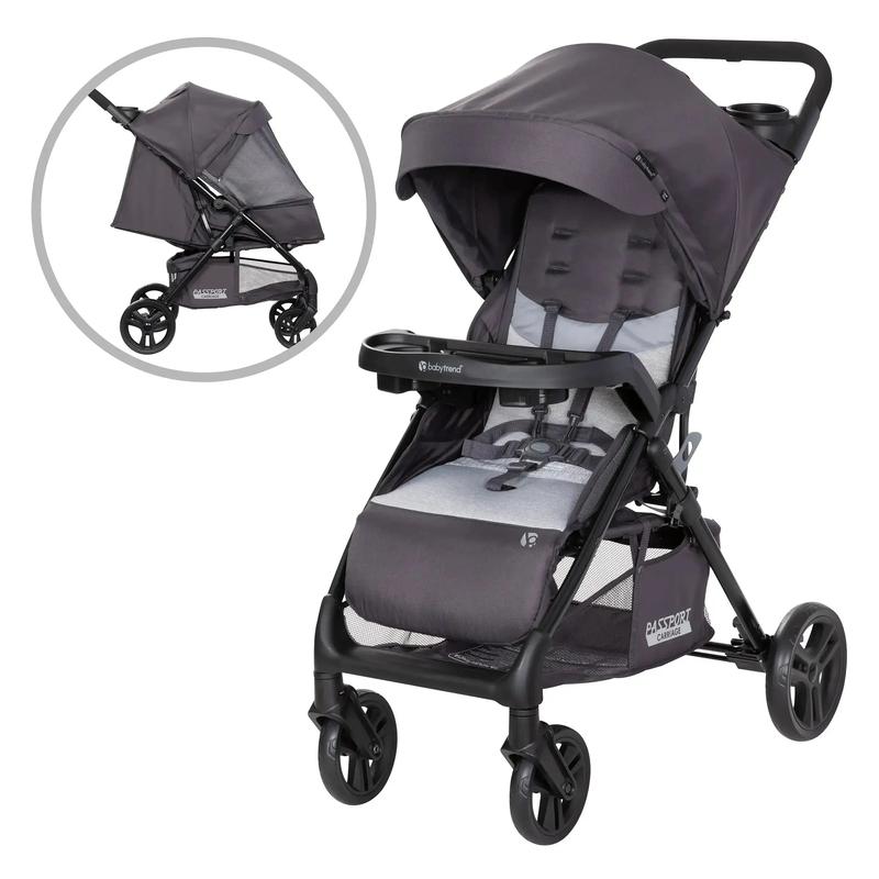 Cochecito con cabina Comfort Cabin, capota con cremallera completa para protección solar y cesta de almacenamiento grande.