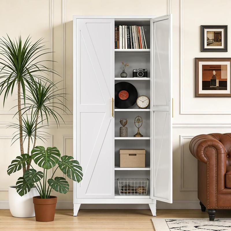 Armario despensa metálico de 190 cm de alto con puertas, armario despensa de cocina estilo rústico con 5 estantes ajustables para cocina, sala de estar, requiere montaje, blanco, 40 cm de profundidad x 80 cm de ancho x 190 cm de alto