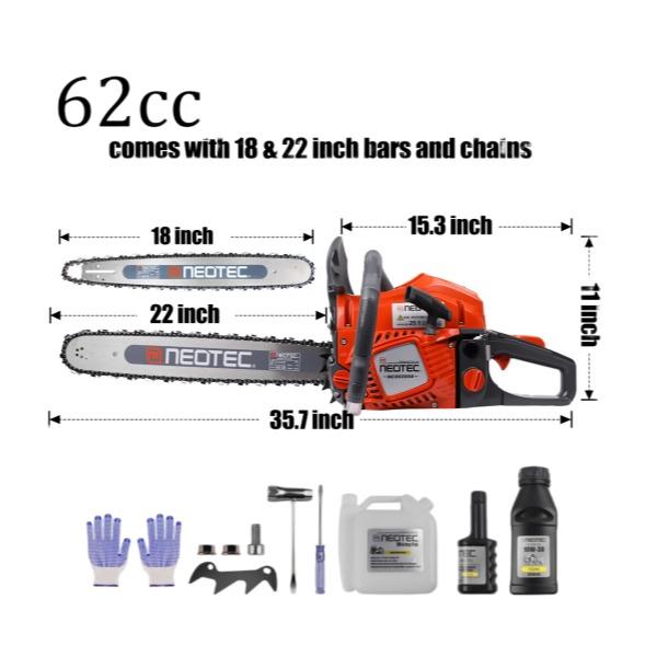 Motosierra de gasolina NEOTEC de 58 cc/62 cc/68 cc, de 2 tiempos, portátil, para tala de árboles, silvicultura y limpieza de patios tras tormentas. Incluye guantes y accesorios.