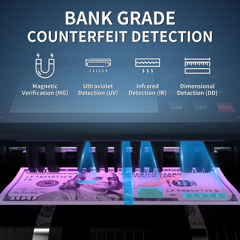 Contadora de billetes PONNOR | Detección de billetes falsos UV/MG/IR/MT/DD | Pantalla LCD, caja de monedas, modos CONTAR/SUMA/LOTE/AUTO | Funcionamiento silencioso, 1200 billetes/min