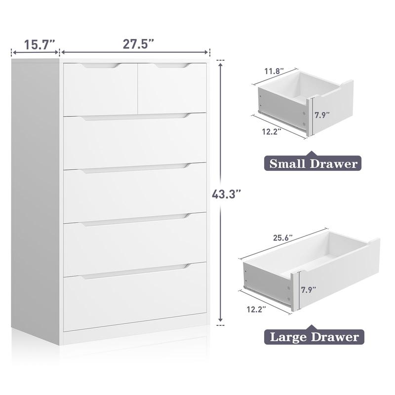 Cómoda Raybee de 6 cajones para dormitorio, cómoda moderna, cómoda negra con amplio organizador, cajón profundo y riel metálico liso.