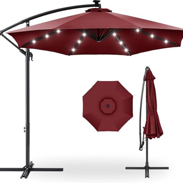 Sombrilla de patio voladiza de 3 metros con inclinación infinita | Luces LED solares, base en cruz y gran sombrilla para exteriores, ideal para jardín, piscina o césped.