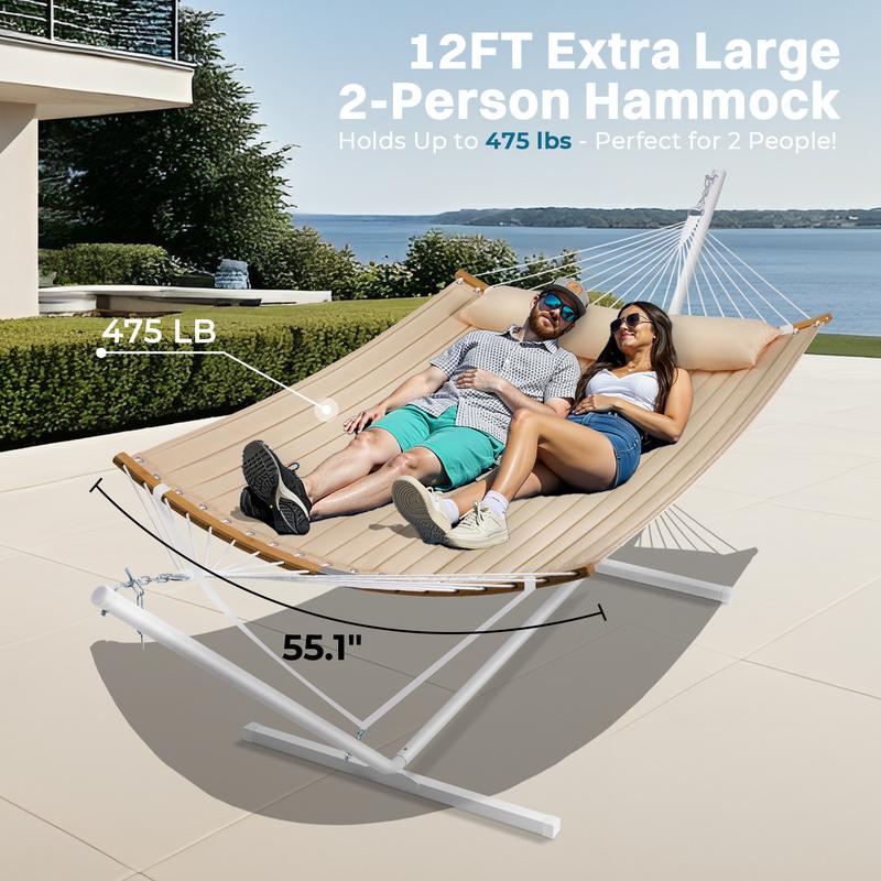 Hamaca doble portátil SUPERJARE de tela ajustable a rayas con soporte, hamaca acolchada de algodón y poliéster de alta resistencia de hasta 204 kg (450 lbs), almohada desmontable, barra curva resistente, bolsa de transporte portátil, ideal para decoración