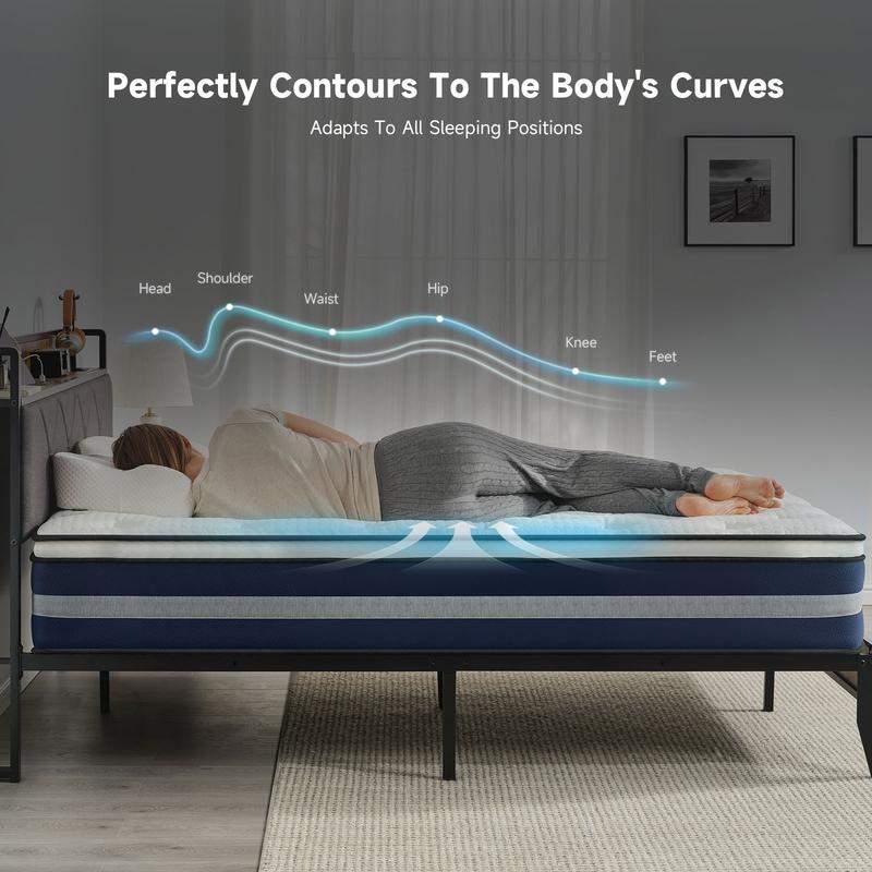 Colchón híbrido de muelles ensacados de 25-30 cm, espuma viscoelástica con gel refrescante CertiPUR-US sin fibra de vidrio, colchón con aislamiento de movimiento y alivio de presión, tamaño individual/matrimonial/queen.