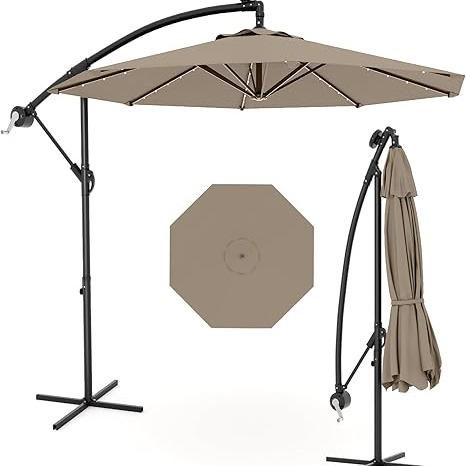 Sombrilla de patio voladiza de 3 metros con inclinación infinita | Luces LED solares, base en cruz y gran sombrilla para exteriores, ideal para jardín, piscina o césped.