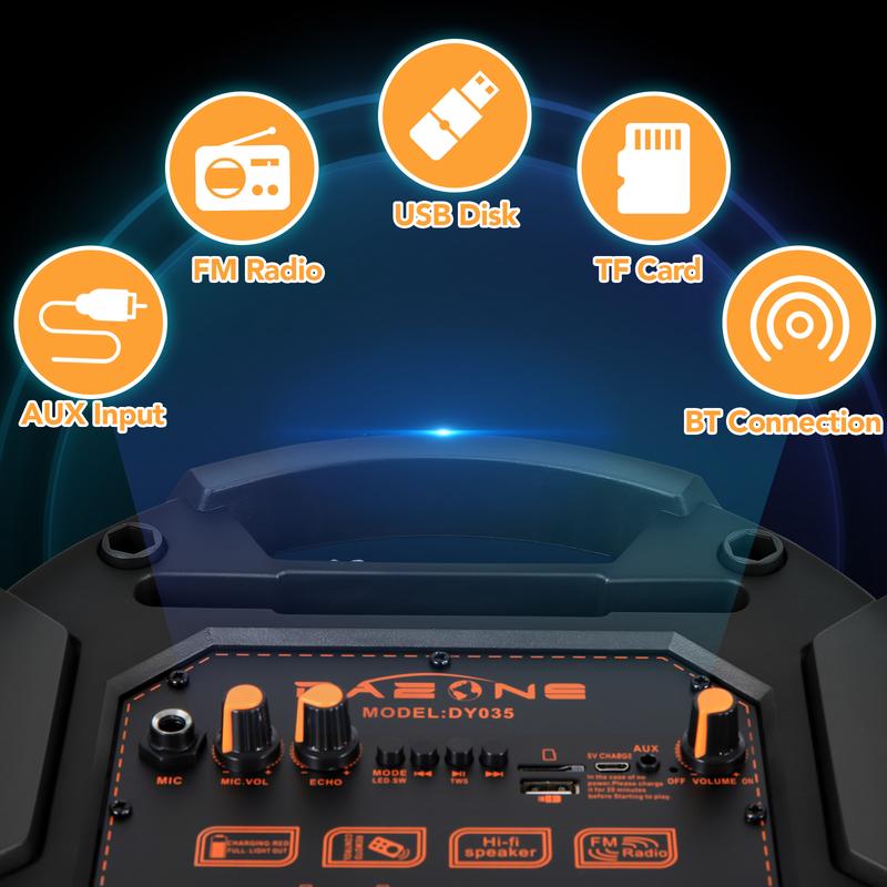 Altavoz inalámbrico doble de 8 pulgadas, sistema de altavoces portátil para fiestas, estéreo Bluetooth, woofer de 2x8", TWS, recargable, radio FM, control remoto, micrófono, iluminación LED y USB.